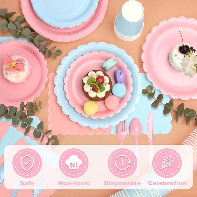 416 Pcs Pink And Blue Party Supplies - For 52 Guests Paper Plates And Napkins Knives Spoons Forks Cups - Disposable Small Scalloped Dinner Party Set Cutlery - For Baby Shower Bridal Shower Wedding
