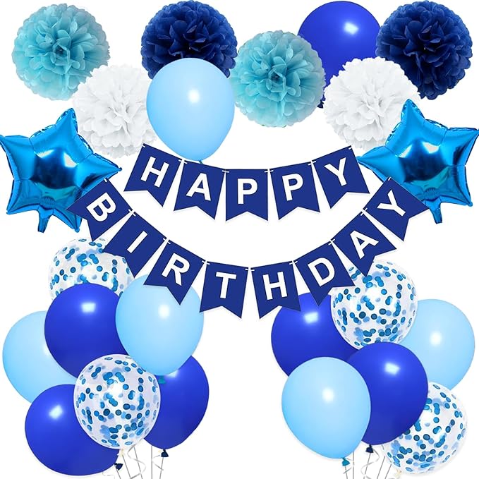 Birthday Decorations for Men Blue White Party Decor Supplies Boy Including Happy Birthday Banner Confetti Latex Balloon Foil Balloon and Ribbon (Blue)