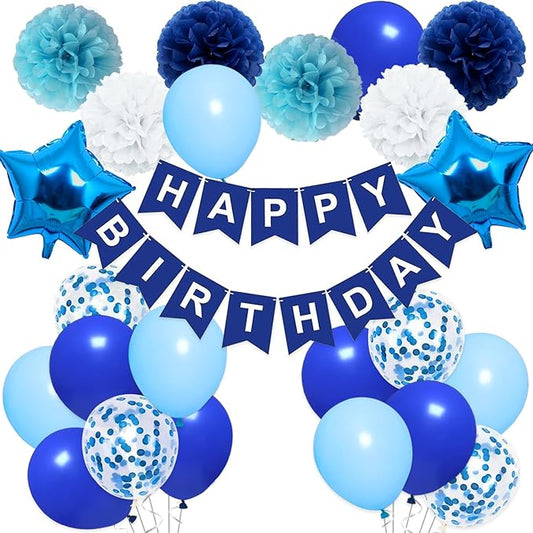 Birthday Decorations for Men Blue White Party Decor Supplies Boy Including Happy Birthday Banner Confetti Latex Balloon Foil Balloon and Ribbon (Blue)