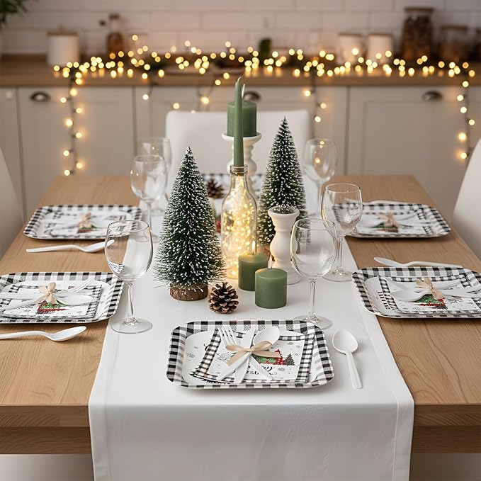 350 Pcs Christmas Party Supplies Christmas Tree Hanging Ball Party Tableware Set Square Paper Plates Disposable Napkins Cups Plastic Cutlery for Xmas Holiday Serves 50 Guests (Xmas Plaid Tree)