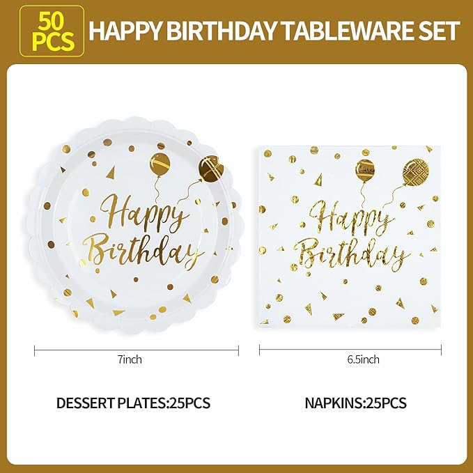 50PCS Happy Birthday Paper Plates and Napkins - 7 Inch Birthday Cake Plates Scalloped White and Gold Dessert Plates and 6.5 Inch Napkins Disposable Tableware Set, Serves 25