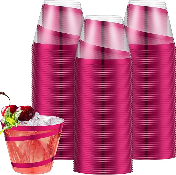 Gejoy 9 oz Rimmed Swirl Plastic Cups Disposable Wine Drinking Cups Clear Elegant Halloween Tumblers for Christmas Party Supplies(Hot Pink,100 Pcs)