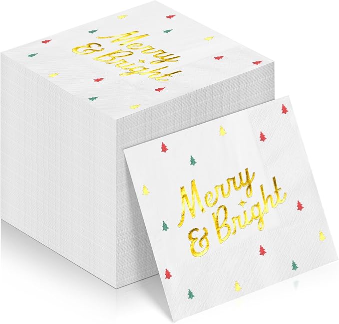 100 Pcs Christmas Tree Paper Napkins Disposable, Merry Bright Red Green Gold Foil Cocktail Napkins, Xmas Holiday Square Party Guest Dinner Napkin for Christmas Winter Party Supplies, 6.5x6.5 Inch