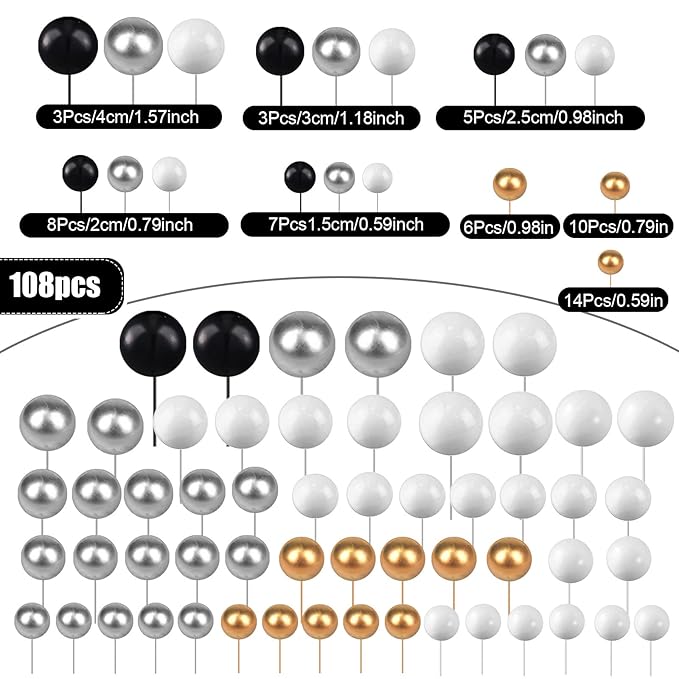 108 Pcs Balls Cake Topper DIY Cupcake Insert Foam Balloons for Cake Baking Wedding Anniversary Birthday Decoration(Black, Silver, White, Gold,Multi Sizes)