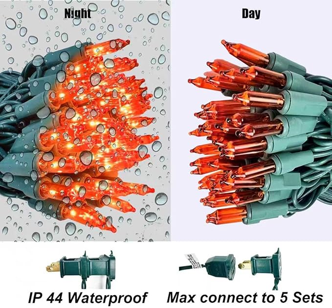 Christmas Lights 100 Counts,Orange Bulb with Green Wire Indoor Outdoor,Connectable of Lighting String,Decorations for Holiday, Party,Festival,Christmas String Lights (Green-Orange)