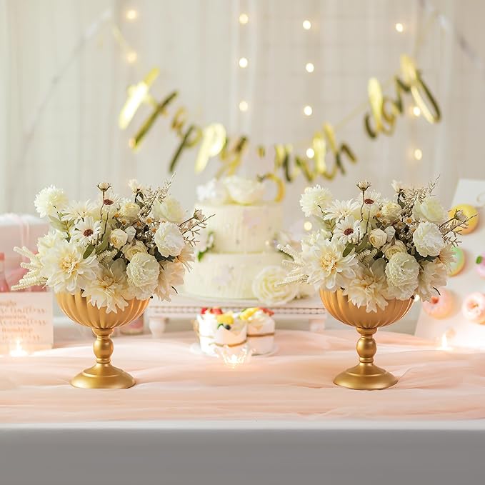 Sziqiqi Urn Vase for Wedding Centrepiece: 7.9in Gold Compote Bowl Vase Table Decorations - Floral Arrangement Pots Set of 10 - Metal Decorative Vases for Party Reception Dinner Table