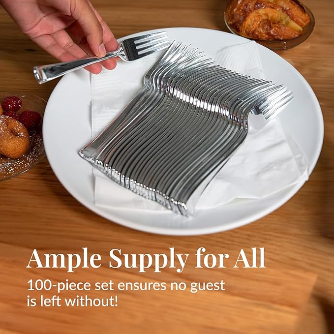 Prestee 100-Pack Heavy Duty Plastic Forks - 7-Inch Elegant Silver Plastic Forks Disposable Set - Fancy, Disposable Silverware Utensils for Parties, Holidays, Weddings, and Events - Durable Cutlery Set