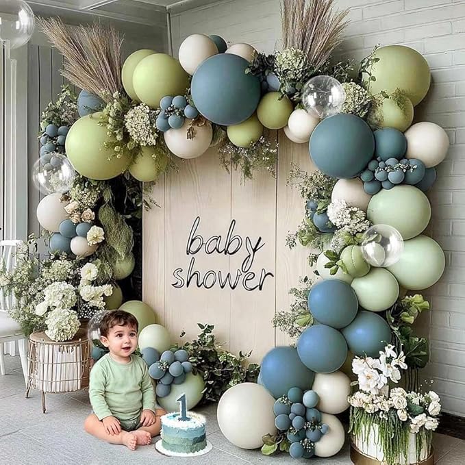Blue Green Balloon Arch Kit Double Stuffed, Dusty Mint Green Slate Blue White Pastel Olive Balloon Garland with Clear Bobo for Neutral Baby Shower Bridal Wedding Birthday Winter Party Decoration