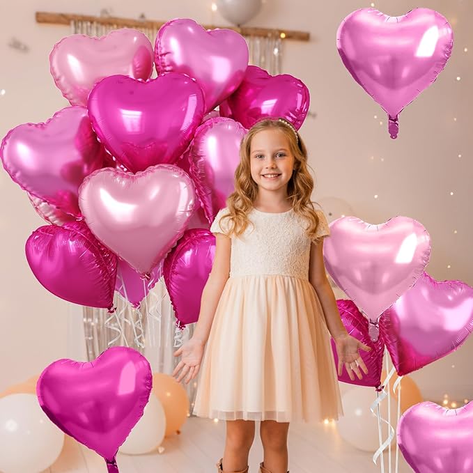 Pastel Pink Heart Balloons, 10 Pcs Hot Pink Heart Shaped Balloon, 18 Inch Light Pink Rose Red Foil Balloons Helium for Girls Women Princess Brithday Bridal Baby Shower Valentines Party Decorations