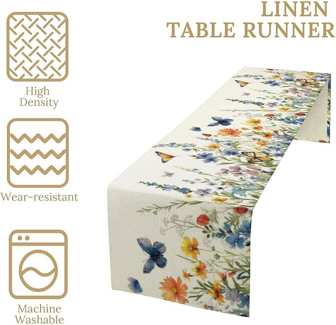 Butterfly Table Runner, Wildflowers Floral Butterfly Table Decoration Seasonal Spring Summer Home Kitchen Dining Table Indoor Outdoor Farmhouse Decor 13x70 in