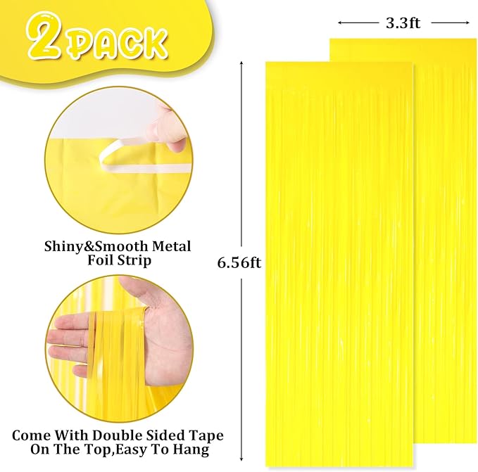 2 Pack Pastel Yellow Tinsel Foil Fringe Curtains, Yellow Party Decorations, Metallic Tinsel Party Streamers Backdrop for Birthday Baby Shower Graduation Gender Reveal Party Decorations