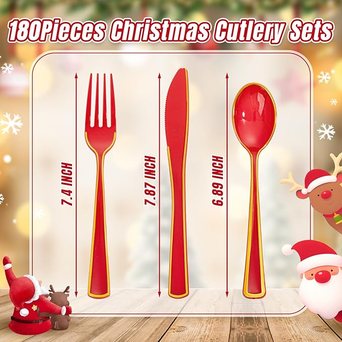 WDF 180 Pieces Red and Gold Plastic Silverware - Disposable Christmas Utensils Include 60 Forks, 60 Knives and 60 Spoons - Heavy Duty Red Plastic Cutlery - for Christmas/Party