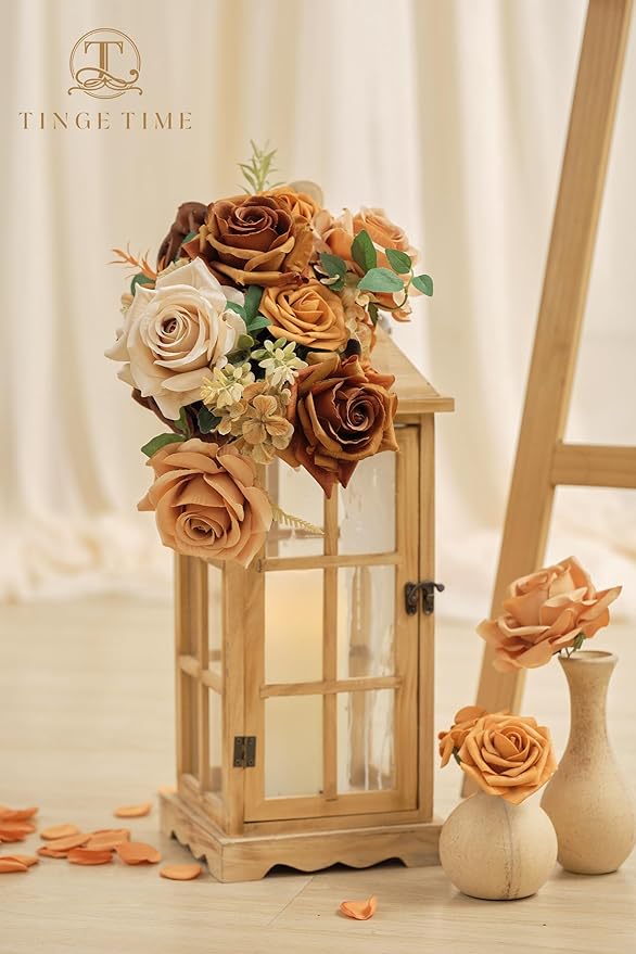 TINGE TIME Artificial Flowers Combo Box Set 16PCS Fake Rose Silk Flower with Stem for DIY Wedding Bouquets Centerpieces Baby Shower Party Home Fall Decoration (Gradient Burnt Orange)