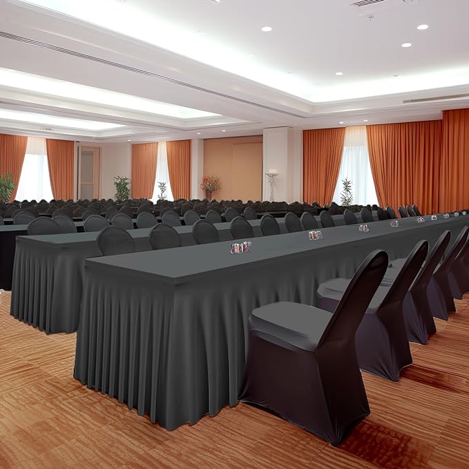 1 Pack Black Table Clothes for 6 Foot Rectangle Tables, One-Piece Wrinkle Resistant Stretch Spandex Table Covers with Skirt for Event Banquet Wedding Birthday Party