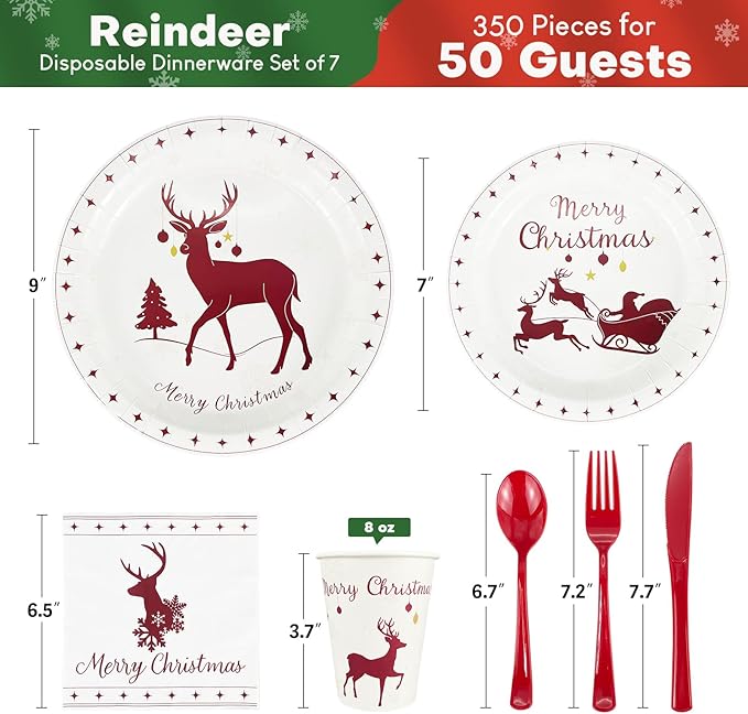 Christmas Plates and Napkins w/Cutlery & Cups, 50 Serve Reindeer Christmas Dinnerware Sets, Xmas Paper Plates Disposable Party Sets, Holiday Tableware for Winter Party Decorations Supplies (350 pcs)