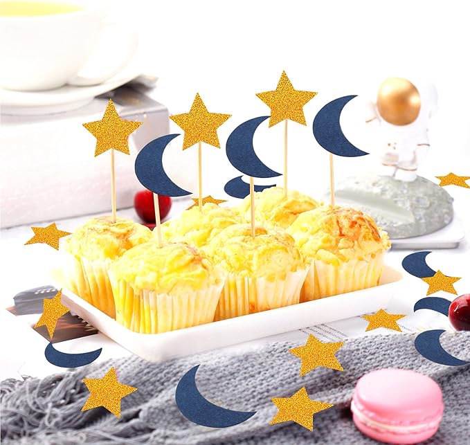 Navy-Blue Moon Gold Star Confetti - 300pcs Glitter Twinkle Little Star Table Confetti Eid Ramadan Mubarak Decoration Birthday Wedding Baby Shower Party Decor Lasting Surprise