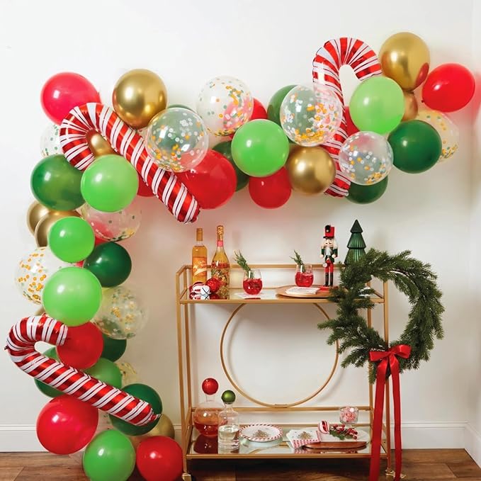 Patimate Red Green Christmas Balloons Set, 50 pcs 12 inch Metallic Gold Lime Forest Green Red Gold Confetti Latex Balloons Kit for Christmas Grinch Birthday Baby Shower Party Decorations