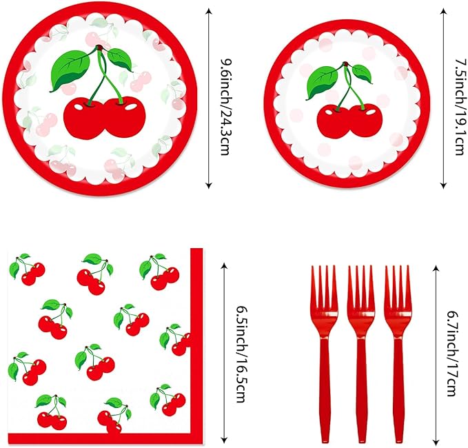 143PCS Cherry Birthday Party Decorations, She's The Cherry On Top Party Supplies Plates and Napkins Set, Tableware,Banner, Hanging Swirls, Tablecloth, Cake Cupcake Topper, Wedding Bridal Baby Shower