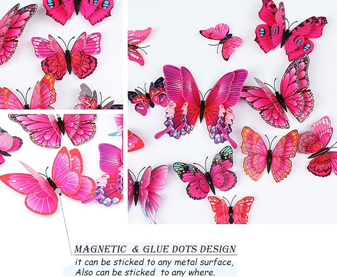Butterfly Wall Decor 24/48 PCS, 3D Butterflies Stickers for Party Decorations with Magnets (Purple&red, 48)