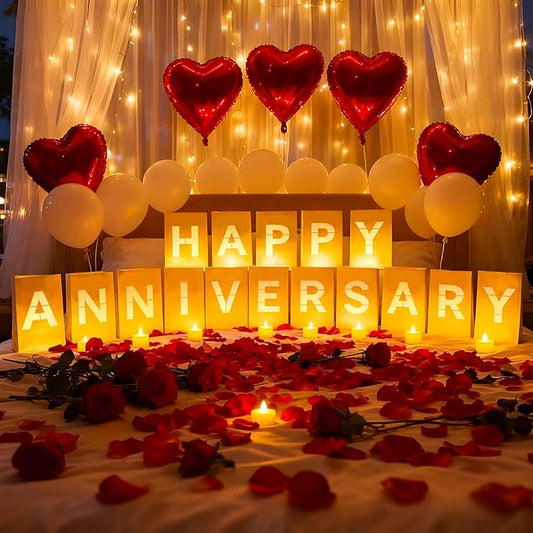 Happy Anniversary Light Up Letters, Include Light up Letters, with Tea Lights Candles, Latex Balloons, Aluminum Balloons and Rose Petals, Anniversary and Valentines' Day Decorations for Women