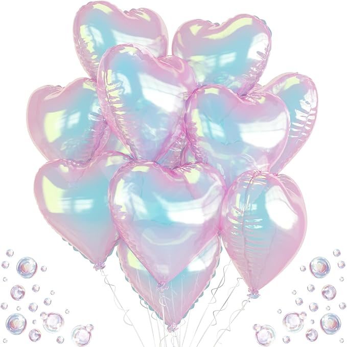 Iridescent Heart Balloons 9PCS 18In Transparent Laser Heart Foil Balloon Large Gradient Crystal Iridescent Colorful Balloon for Birthday Wedding Easter Rainbow Winter Mermaid Fantasy Theme Party Decor