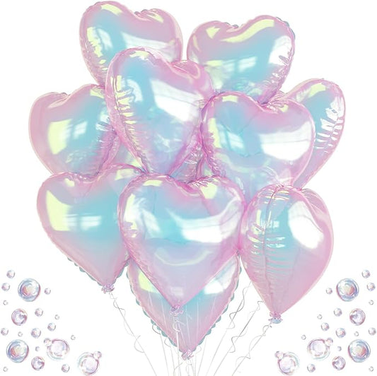 Iridescent Heart Balloons 9PCS 18In Transparent Laser Heart Foil Balloon Large Gradient Crystal Iridescent Colorful Balloon for Birthday Wedding Easter Rainbow Winter Mermaid Fantasy Theme Party Decor