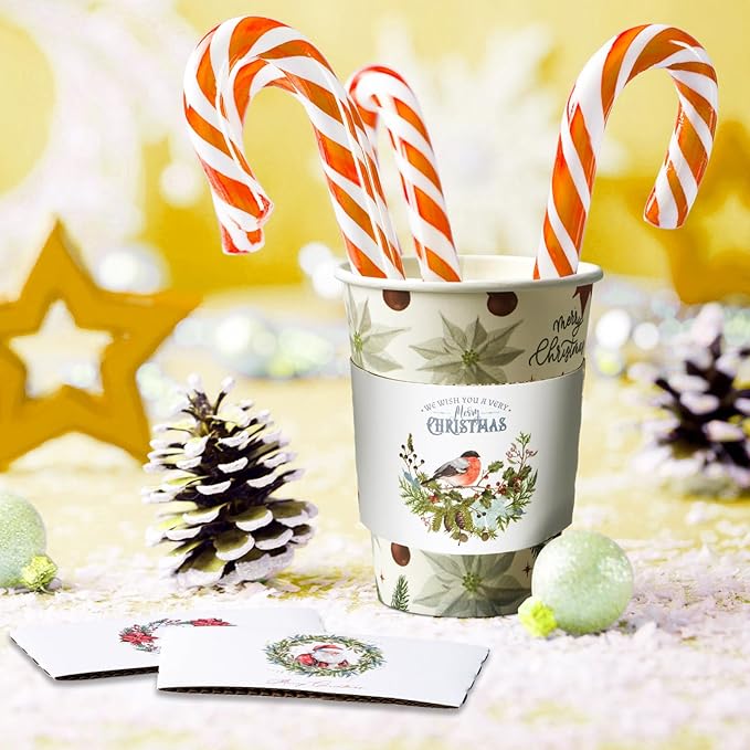 Yungyan 100 Pack 12 oz Christmas Disposable Coffee Cups with Lids and Sleeves Insulated Paper Coffee Cups with Dome Lids and Sleeves for Christmas Hot Chocolate Party Supplies(Greenery)