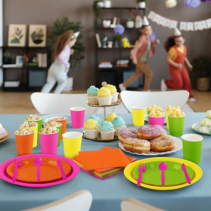 durony 192 Pcs Neon Party Supplies Paper Plates Cups Napkins Hard Plastic Cutlery Forks Knives Spoons Disposable Glow Party Tableware for Fiesta Neon Birthday Party Favor Decorations Serves 24 Guests