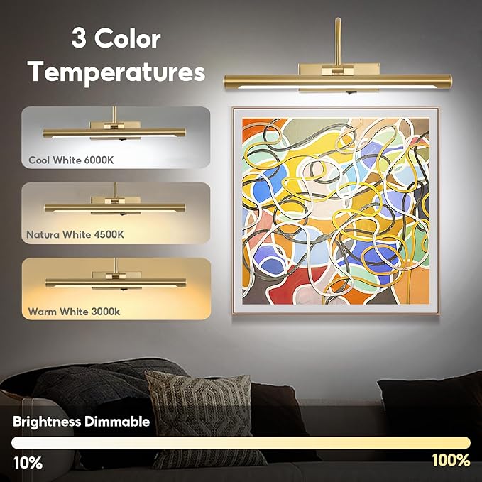 16" Picture Lights for Wall Battery Operated with Remote and Timer, Wireless Art Lights for Paintings, Rechargeable Wall Sconce, Dimmable Lighting for Canvas, Gallery Artwork, Portraits, Gold