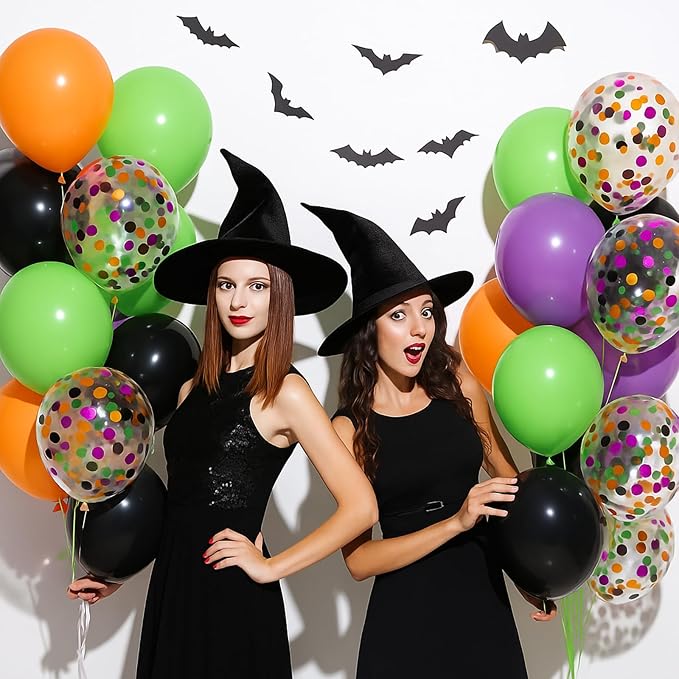 Patimate Halloween Decorations Balloons Set, 50 pcs 12 inch Purple Green Orange Black Confetti Latex Balloons Kit for Halloween Baby Shower Birthday Bachelorette Trick or Treat Party Supplies