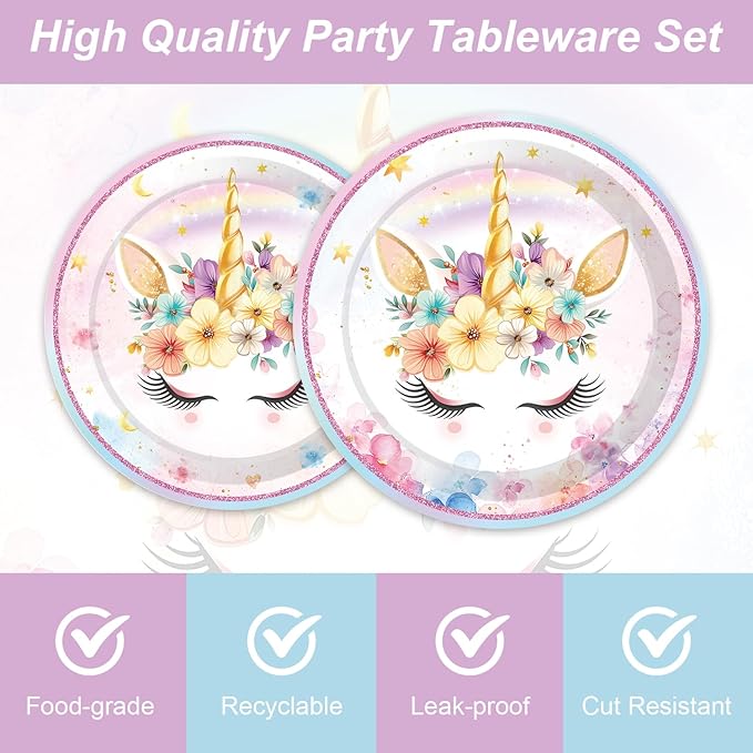 96Pcs Unicorn Birthday Party Decorations Tableware Set Unicorn Wonderland Party Disposable Plates Napkins Forks Serves 24 Rainbow Unicorn Baby Shower Bridal Girls Birthday Party Supplies