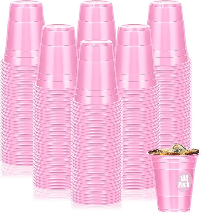 Dualshine 100 Pack Pink Plastic Cups 16 oz, Disposable Cups for Party, Heavy Duty Drinking Cups, Graduation Shot Cup for Wedding Birthday Beer Taste Serving Snack Sample Tastings Barbecues Picnic