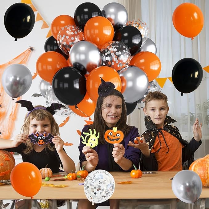 Black Orange Balloons 12 Inch Black Orange Silver Confetti Balloons Halloween Trick or Treat Balloon for Boys Men Basketball Graduation Bachelorette Baby Shower Birthday Party Decorations, 35 Pcs