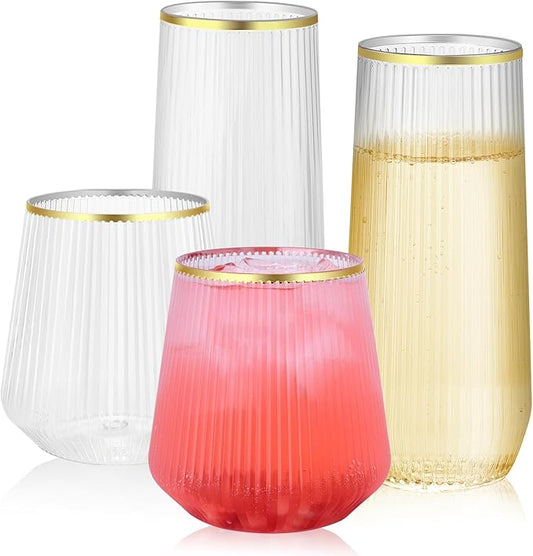 48 Pack Ribbed Plastic Wine Glasses – 24 x 9oz Stemless Champagne Flutes & 24 x 12oz Disposable Wine Glasses – Elegant Disposable Plastic Cups with Gold Rim – BPA-Free Drinkware for Weddings, Parties