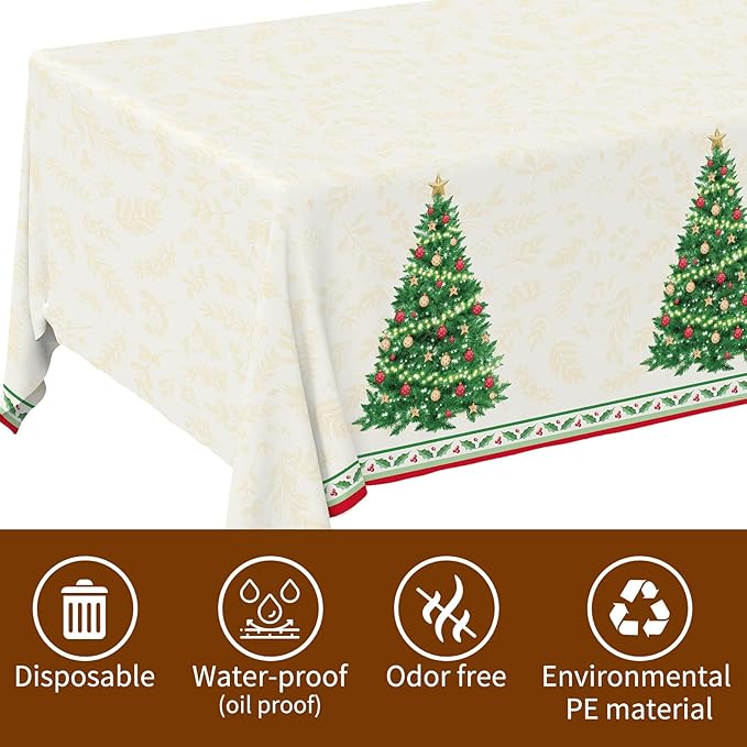 Gatherfun Christmas Table Decorations, Christmas Tree Disposable Tablecloth Waterproof Plastic Rectangular Table Cover for Merry Christmas Party Supplies, 3 PCS, 54 X 108 inch