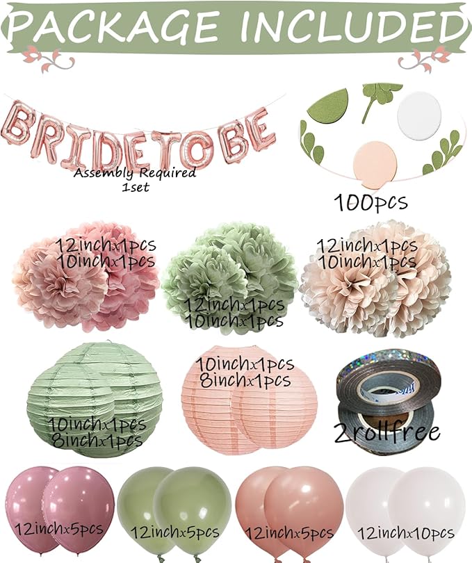 Bachelorette Decorations Pink Green- Bridal Shower Party Decor and Supplies Kit for Wedding With Foil Balloons Table Confetti Scatters Hanging Paper Lantern Tissue Flowers (Sage Green + Rose Pink)