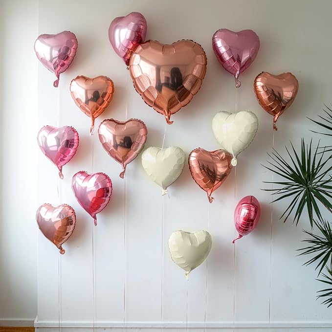 Pink White Heart Balloons, 19PCS Rose Gold and White Heart Shape Balloon, 18Inch with 10Inch Pearl Pink White Helium Foil Love Balloon for Girls Birthday Bridal Shower Wedding Valentine Decorations