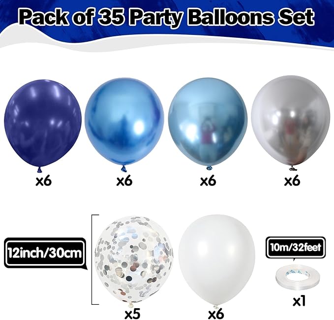 Blue Silver Balloons 12 Inch Navy Blue Silver White Balloons 35 Pcs Night Blue Metallic Silver Helium Latex Balloon Set for Graduation Retirement Wedding Bridal Baby Shower Birthday Party Decorations