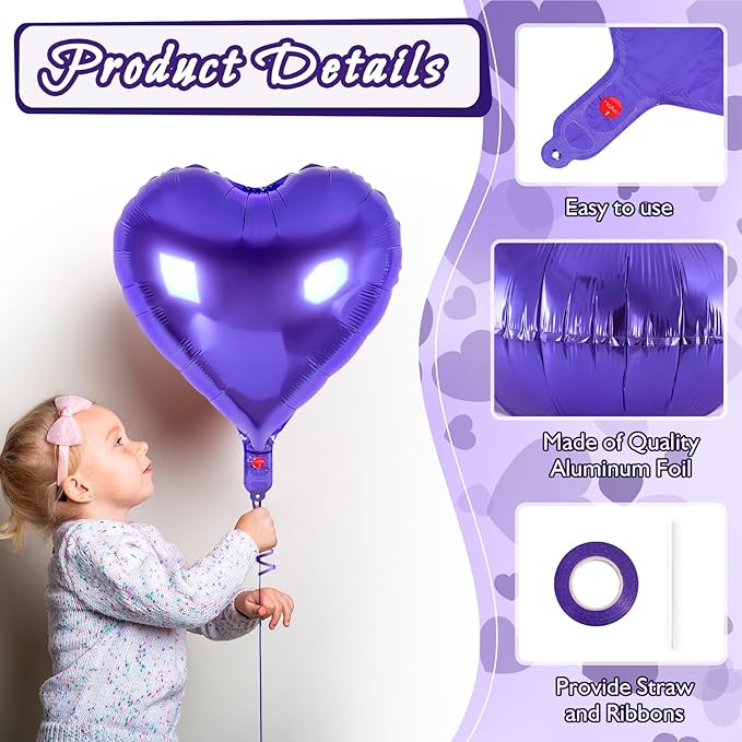 24 Pcs Purple Heart Balloons,18 inch Heart Shape Foil Balloons Love Balloons Valentine Balloons for Birthday Party Wedding Engagement Party Baby Shower Valentine Day Decorations (Purple)