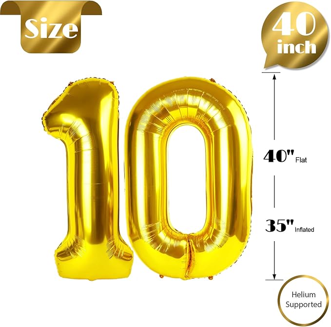 10 Balloon Number, Gold Number 10th Birthday Balloons 40 Inch, 10 Years Old Gold Birthday Decorations for Boys Girls, 10th Anniversary Decorations