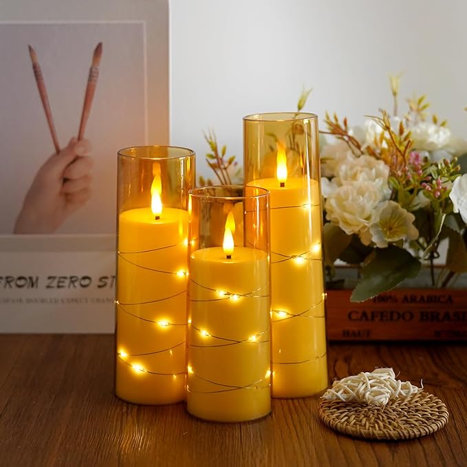 Flameless Candles,with Embedded Star String, Battery Operated Candles Flickering LED Pillar Candles with Remote Control and Timer, Home Decoration Add a Warm and Romantic Atmosphere，Set of 7 (Gold)