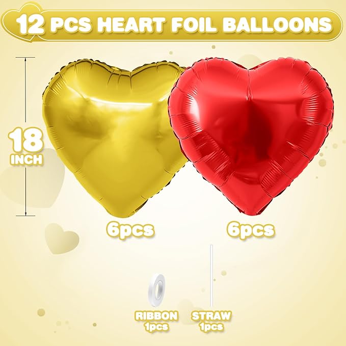 Red Gold Heart Balloons,12Pcs Red Heart Shaped Foil Balloons,18Inch Gold Helium Polyester Film Balloon for Baby Shower Birthday Anniversary Wedding Party Decorations