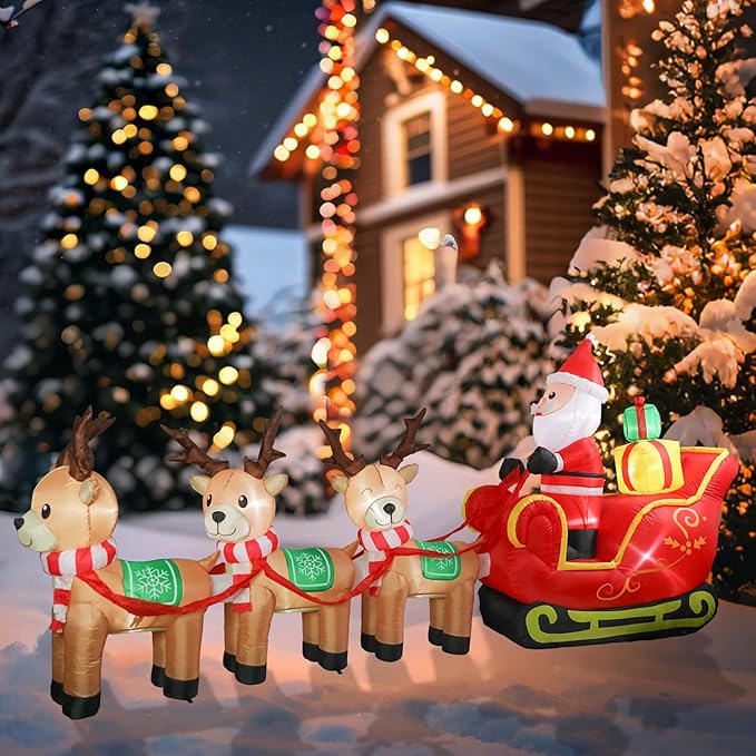 Taman 12 FT Christmas Inflatable Decorations, Santa Claus on Sleigh with Reindeer Propeller Built-in Bright LED Light Blow Up for Yard, Garden,Lawn Outdoor Holiday Yard Decorations