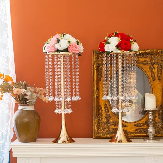 2Pcs 21.88" Centerpieces Tall Crystal Metal Vase Gold Flower Stand Vase for Table Wedding Centerpieces Decoration-Artificial Flower Vase for Dining