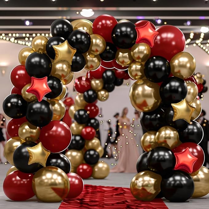 Red Gold Black Balloon Garland Arch Kit, 160Pcs Black Red Gold Latex Balloons with Star Foil Balloons for Anniversary Casino Night Hollywood New Years Movie Night Birthday Party Decorations
