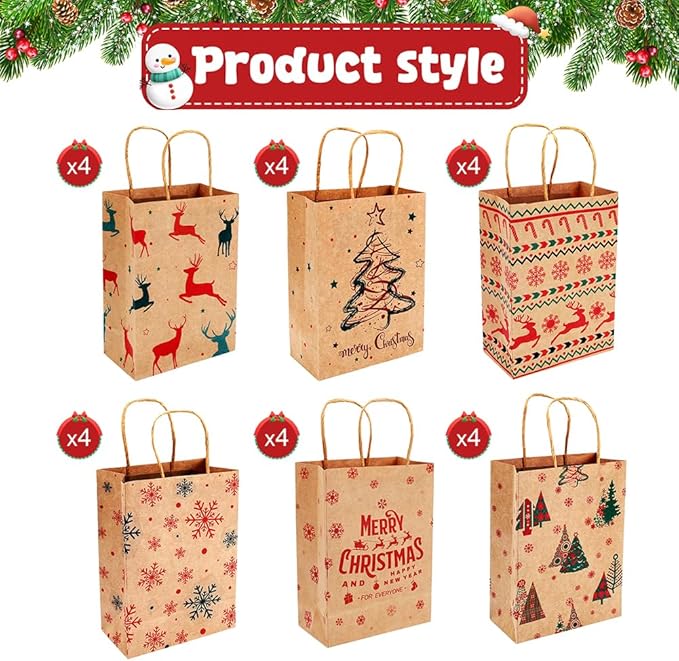 EUBUY 24 PCS Christmas Kraft Gift Bags for Present Wrapping, 5.91"x3.15"x8.27" Christmas Kraft Gift Bags with Handles for Holiday Party Favors and Decor Supplies