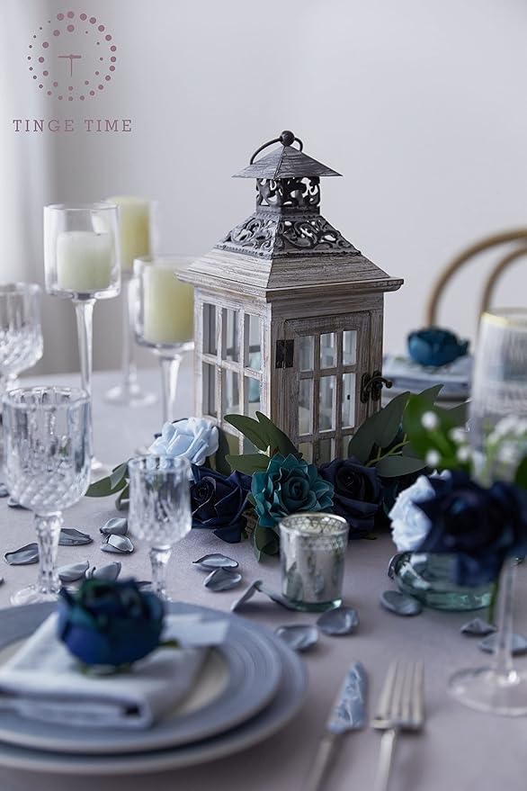 TINGE TIME Artificial Flowers, 25pcs Real Looking Dusty Blue Rose Fake Roses w/Stem for DIY Wedding Bouquets Centerpieces Arrangements Party Baby Shower Home Decorations