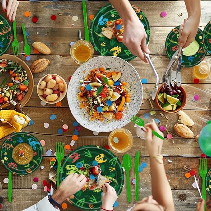 140pcs Dinosaur Birthday Party Supplies, Disposable Tableware Set with Plates, Cups, Napkins, and Cutlery Sets for Dinosaur Themes Party Serves 20