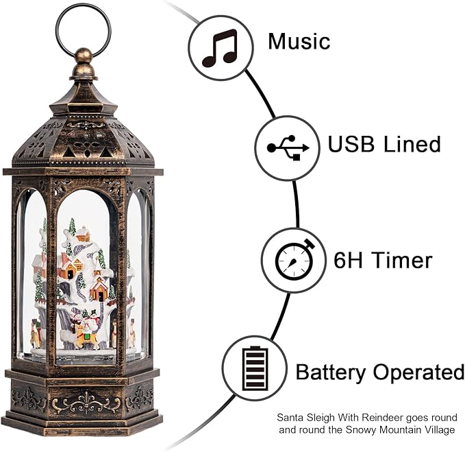 12.8'' Christmas Village Snow Globe Lantern, Santa Sleigh with Reindeer Will Rotate Around The Snowy Mountain Village with Musics Swirling Glitter Water Lantern for Home Decoration and Gift