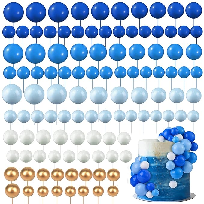 108 Pcs Balls Cake Topper DIY Cupcake Insert Foam Balloons for Cake Baking Wedding Anniversary Birthday Decoration(Assorted Blue, White, Gold,Multi Sizes)